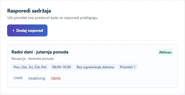 Raspored sadržaja na TV ekranu u Esmozi